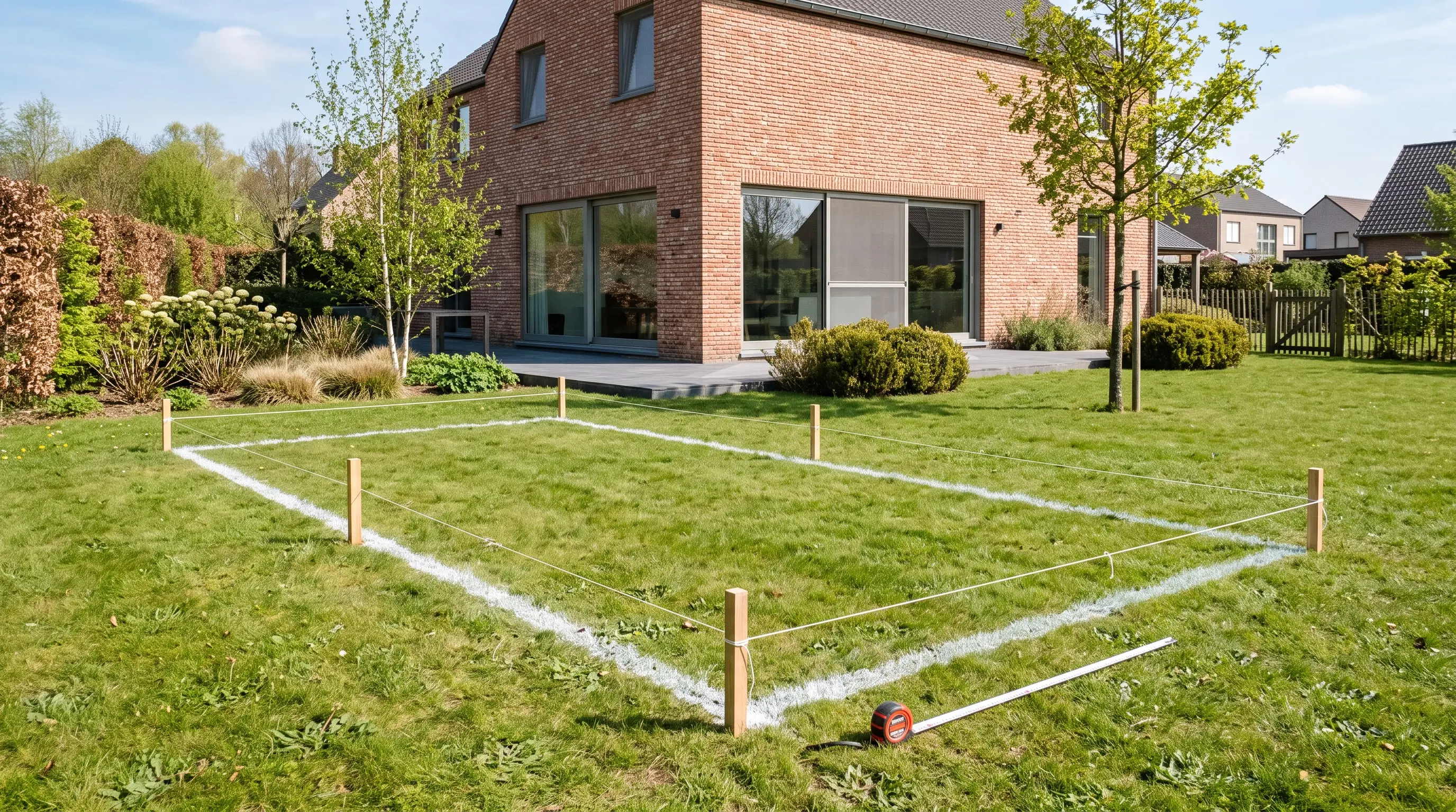 Contour van een nieuw zwembad uitgezet op het gazon met paaltjes en touw (sfeerbeeld)