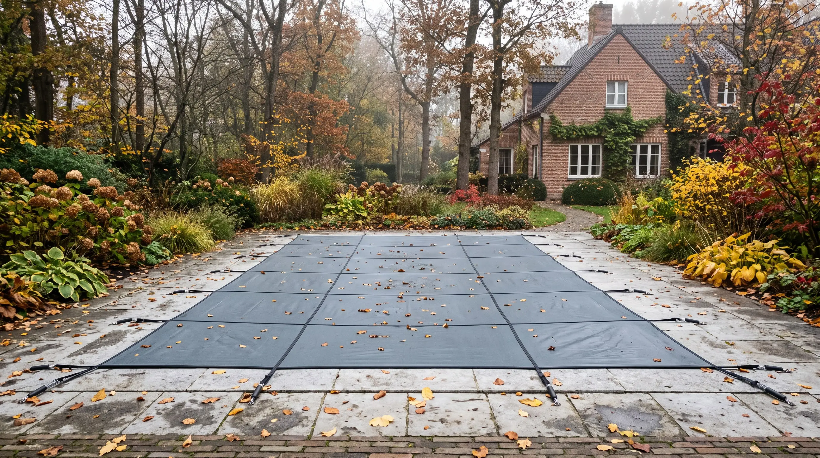 Zwembad met gespannen winterzeil en herfstbladeren (sfeerbeeld)